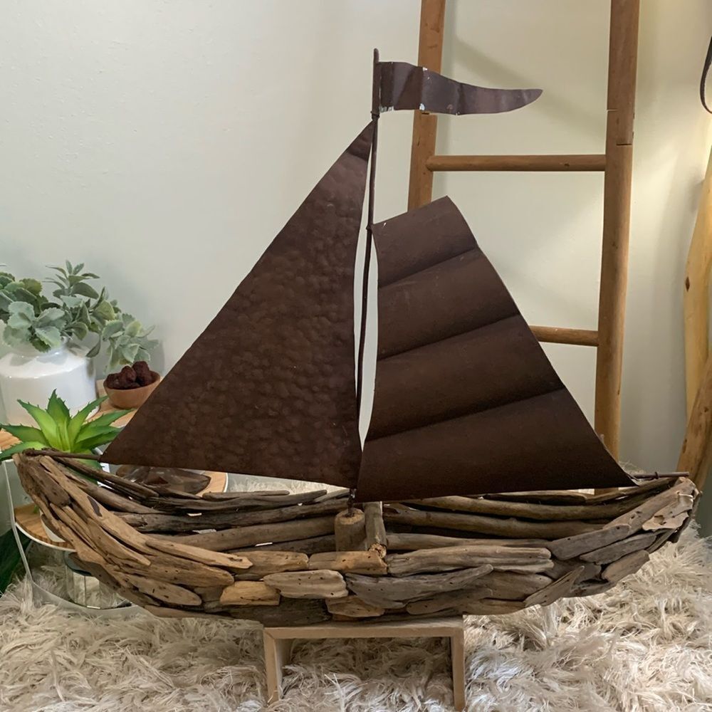 Driftwood And Metal Sailboat Piece For Costal Beach Cabin Decor